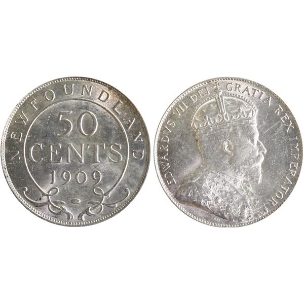 Nfld; 1909 50¢ ICCS Choice Mint State-63, Brilliant and lustrous.