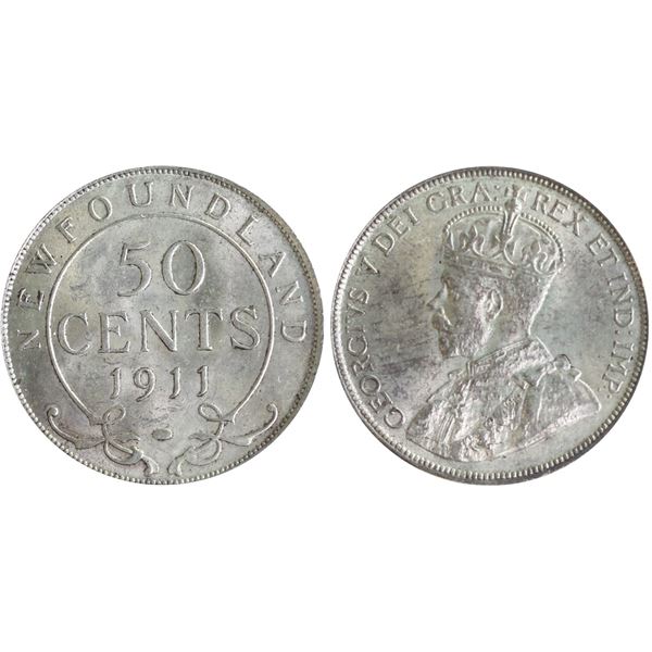 Nfld; 1911 50¢ ICCS Very Choice Mint State-64, lightly toned with full underlying lustre.