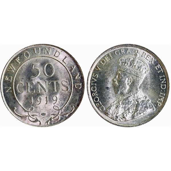 Nfld; 1919c 50¢ ICCS Gem Mint State-65, Superb blast white example.  Very flashy and desirable.