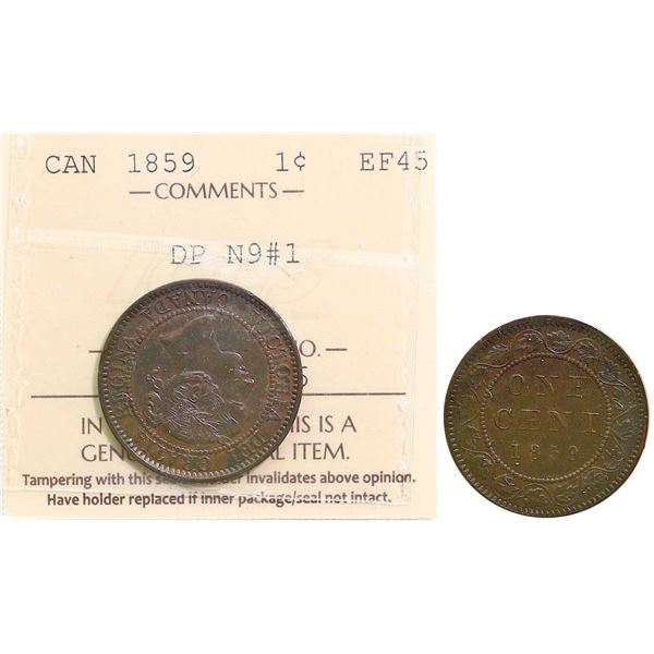 1859 1¢ "DP N9 #1" ICCS Choice Extra Fine-45, Sharp details with light remaining lustre.  A pleasing