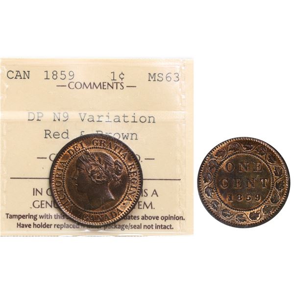 1859 1¢ DP N9 Variation ICCS Choice Mint State-63RB.  Attractive full lustrous issue showing strong 