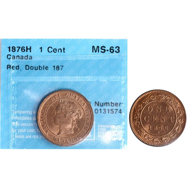 1876H 1¢ "Dbl 187" CCCS Choice Mint State-63RD.  A nice variety example.