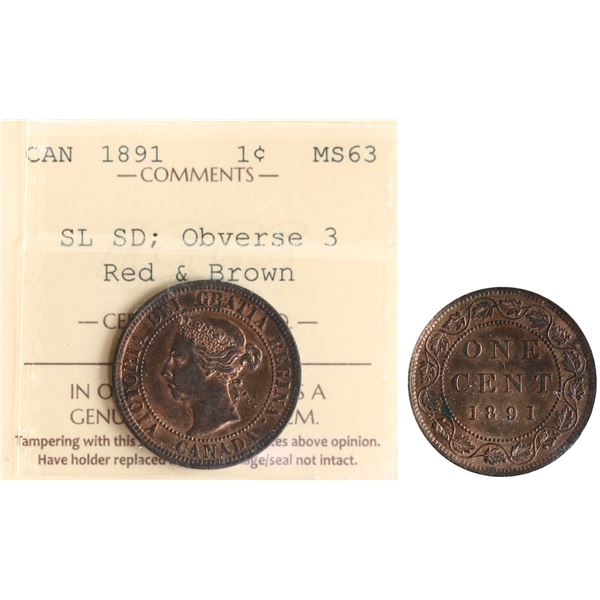 1891 1¢ "SL SD Obv.3 ICCS Choice Mint State-63, A nice example with Proof-Like fields.