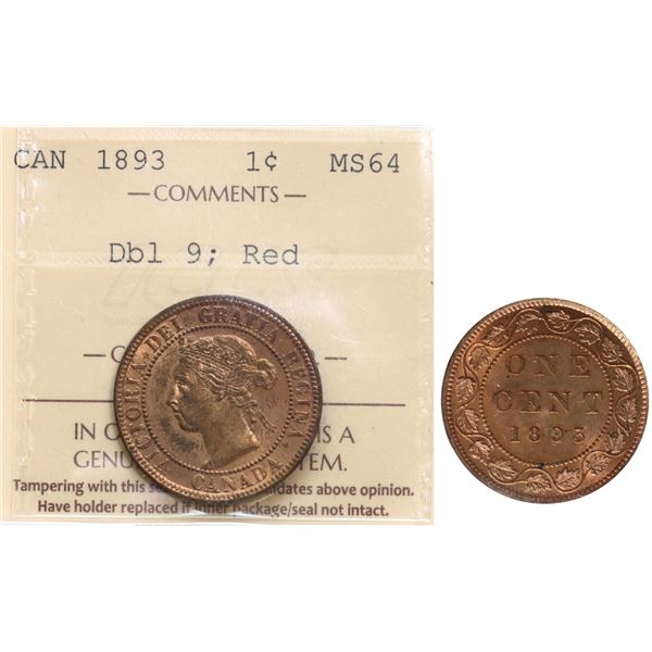 1893 1¢ "Double 9" ICCS Very Choice Mint State-64RD.  Possibly the finest known for type.  90% red w