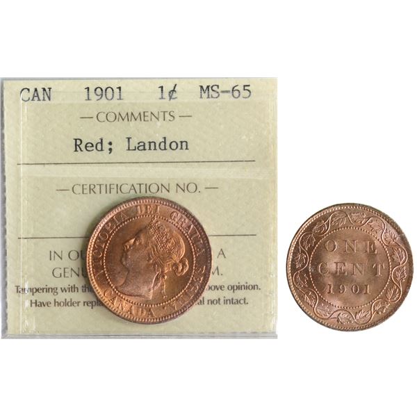 1901 1¢ ICCS Gem Mint State-65 Red, Full blazing Red.  A superb and appealing Victorian example.  Ex