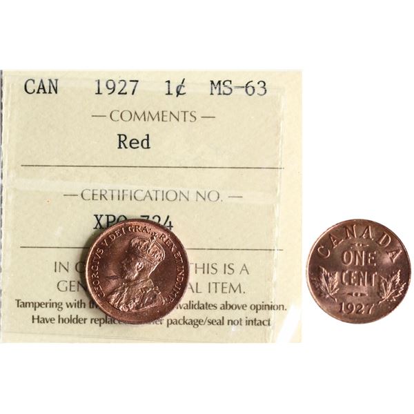 1927 1¢ ICCS Choice Mint State-63 Red, Full blazing red lustre.  A stunning example.