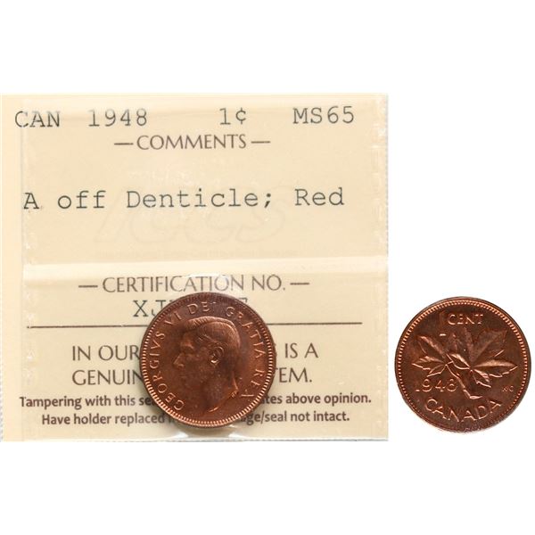 1948 1¢ "A Off Dent" ICCS Gem Mint State-65.  Gem 95% Red and lustrous issue.