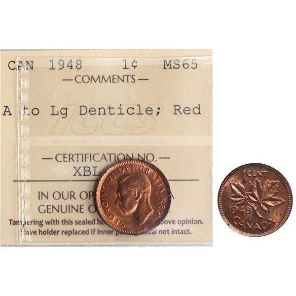 1948 1¢ "A to Denticle" ICCS Gem Mint State-65 Red 80% Red  lustre.