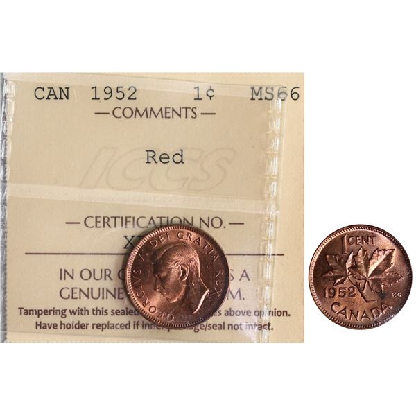 1952 1¢ ICCS Superb Gem Mint State-66 Red 85% Red  lustre.