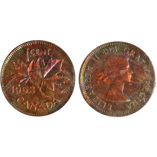 1953 1¢ SF ICCS Gem Mint State-65RED - CAMEO. Very nice and attractive irridescent toning over full 