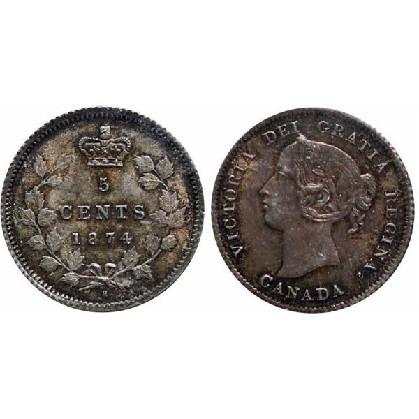 1874H 5¢ Plain 4 Wide Date ICCS Choice Mint State-64. Mild tan coloured shades over gem luster and m