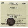 Image 2 : 1874H 5¢ Plain 4 Wide Date ICCS Choice Mint State-64. Mild tan coloured shades over gem luster and m