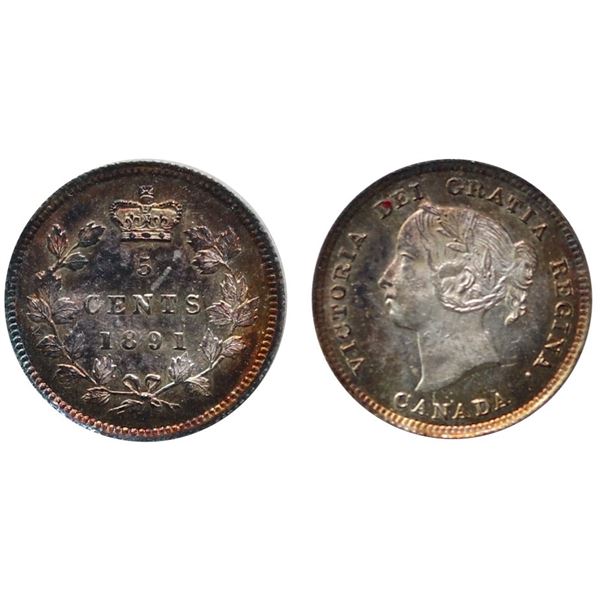 1891 5¢ "Obv.5 ICCS Choice Mint State-64 Cameo. Razor sharp details with mild glow of gold and russe