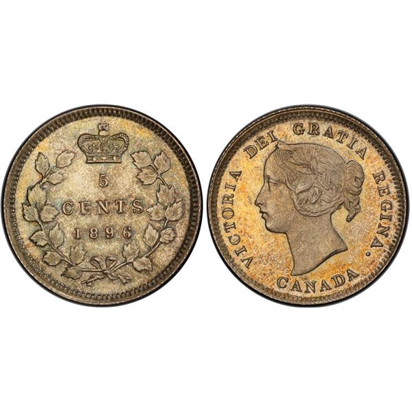 1896 5¢ PCGS Gem Mint State-65, Fully struck with attractive gold and emerald tones.  Another superi