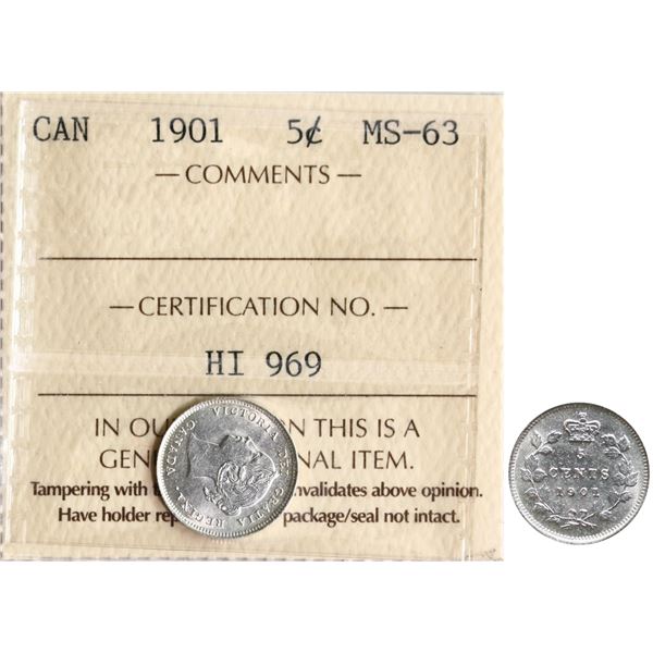 1901 5¢ ICCS Choice Mint State-63 Nice gold and russet tones over full underlying lustre.