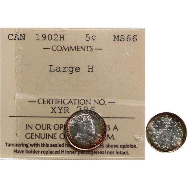 1902H 5¢ "Large H" ICCS Superb Gem Mint State-66. Razor sharp details with mild glow of gold.  A sim