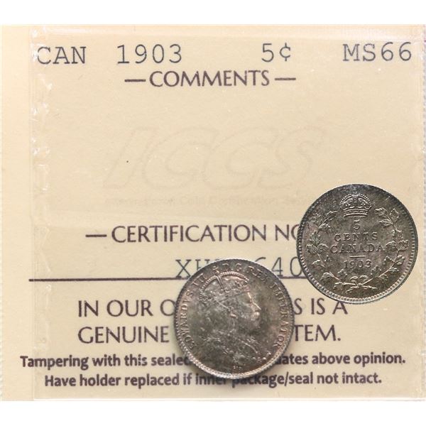 1903 5¢ ICCS Superb Gem Mint State-66. Light autumn shades over full underlying lustre. Wow! Not oft