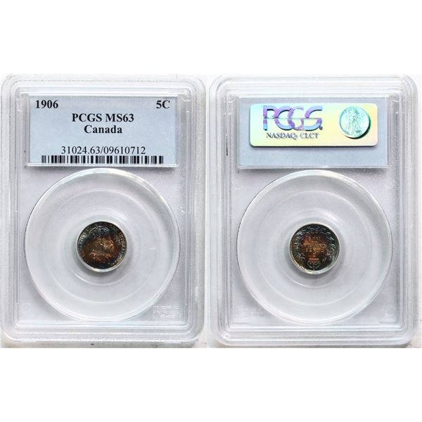 1906 5¢ PCGS Choice Mint State-63 Intense autumn shades over full underlying lustre.  Vey flashy!