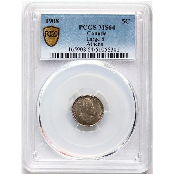 1908 5¢ "Large 8" PCGS Choice Mint State-64. Sought after variety with lots of lustre and light russ