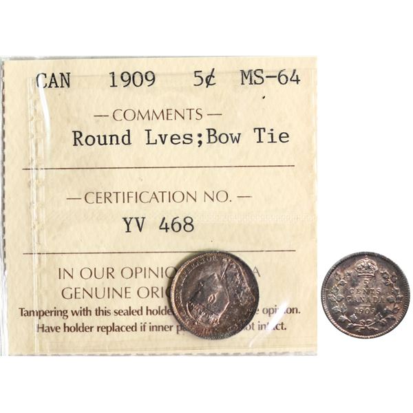 1909 5¢ "Round Leaves - Bow Tie" ICCS Very Choice Mint State-64  Nice gold and russet tones over ful