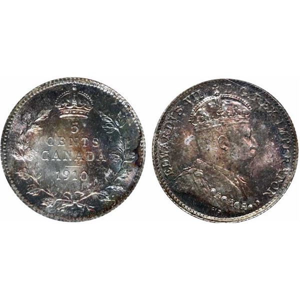 1910 5¢ "Pointed Leaves" ICCS Superb Gem Mint State-66. Attractive rainbow tones over full underlyin