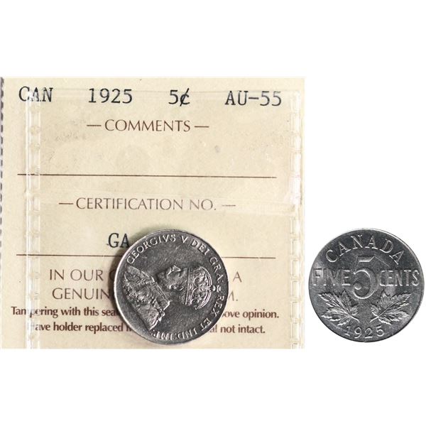 1925 5¢ ICCS Choice About Uncirculated-55 A nice and lustrous example.