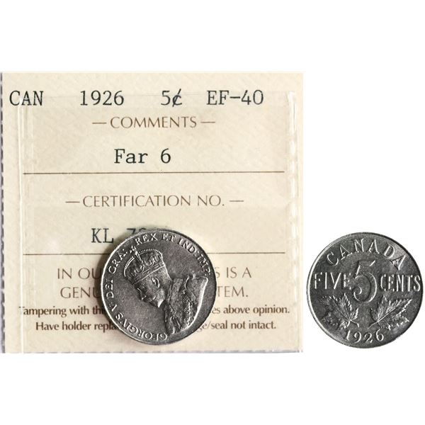1926 5¢ "Far 6" ICCS Extra Fine-40 A nice and lustrous example.