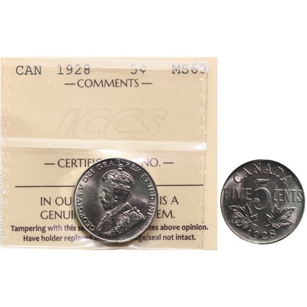 1928 5¢ ICCS Gem Mint State-65.  Well struck with full original lustre and clean fields.