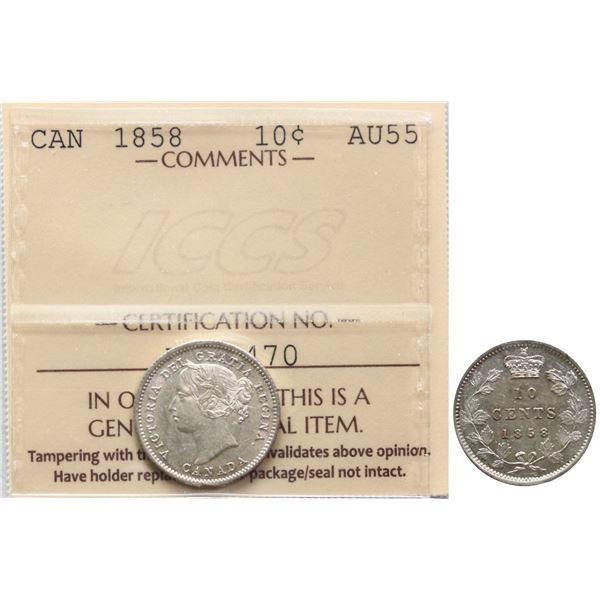 1858 10¢ ICCS Choice About Uncirculated-55 Fully brilliant and lustrous.