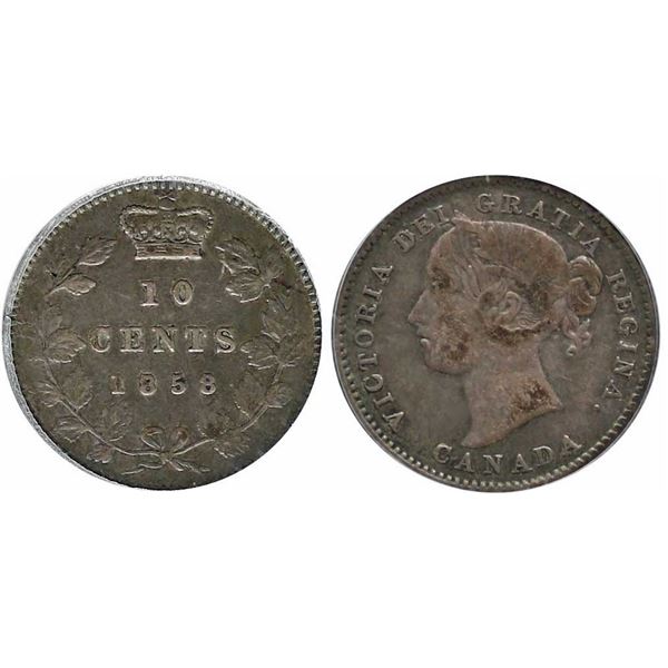 1858 10¢ 1st 8/5 PCGS Choice Very Fine-30. Lightly toned.  Rare overdate issue with a clear overdate