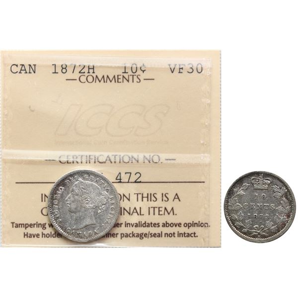 1872H 10¢ ICCS Choice Very Fine-30 Lustrous key date.