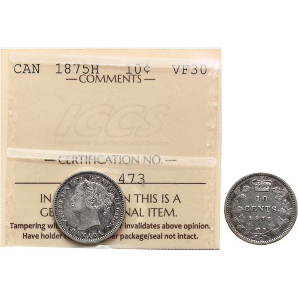 1875H 10¢ ICCS Choice Very Fine-30 Lightly toned with remaining lustre throuhout.   Rare key date.
