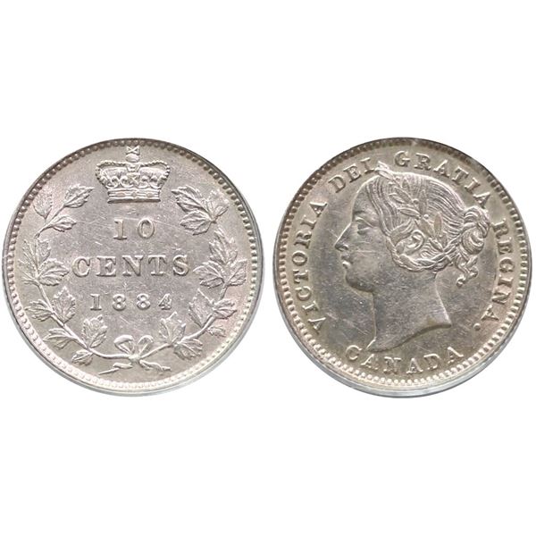 1884 10¢ PCGS About Uncirculated-50 Brilliant and lustrous.  Rare key date.