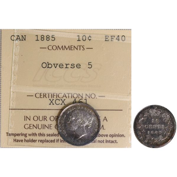 1885 10¢ "Obv.5" ICCS Extra Fine-40 Light toning with lustre throuhout on this scarce obverse type!