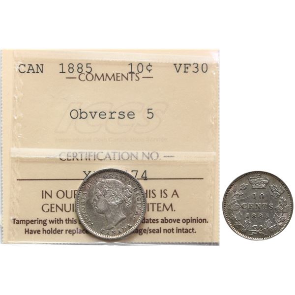 1885 10¢ "Obv.5" PCGS Choice Very Fine-30 Brilliant and lustrous.