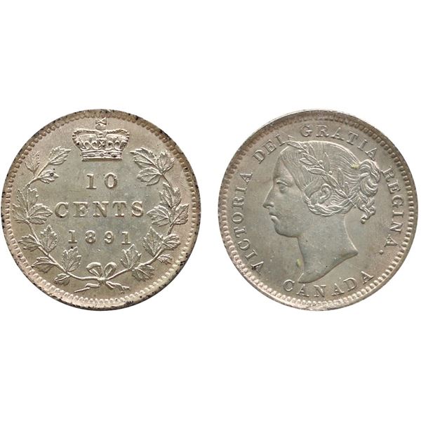 1891 10¢ "22 Leaves - Large 9" ICCS Very Choice Mint State-64 Brilliant and lustrous with mild golde