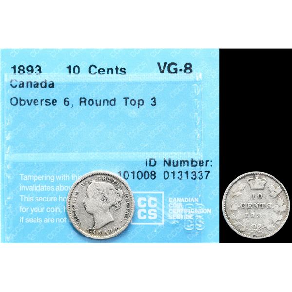 1893 10¢ "Round Top 3 - OBV.6" CCCS Very Good-8.  Nice example with typical weak 3.