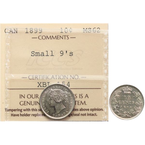 1899 10¢ "Small 9's ICCS Choice Mint State-62  Brilliant and lustrous.