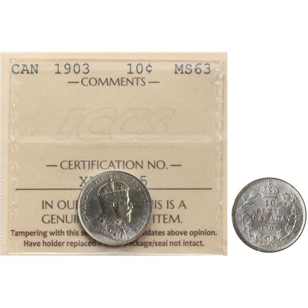 1903 10¢ ICCS Choice Mint State-63 Brilliant and lustrous with light silver grey tone.  A better dat