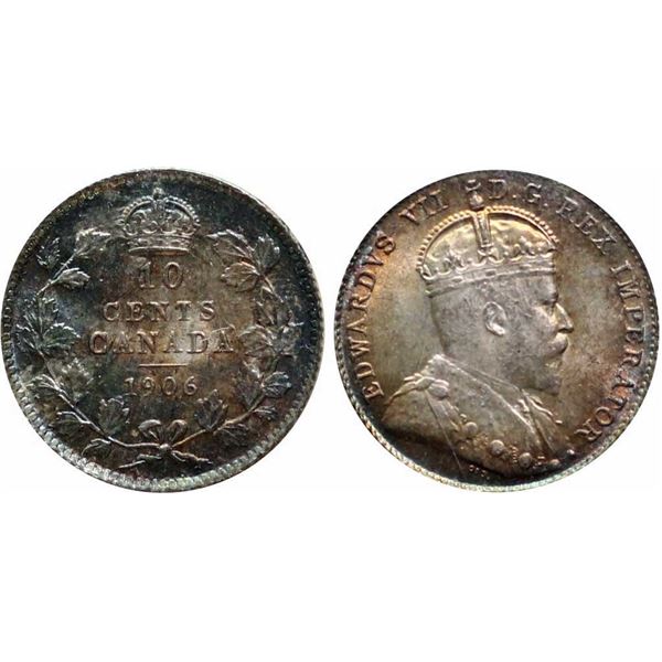 1906 10¢ ICCS Gem Mint State-65. Light blue, green and golden tones over full underlying lustre with