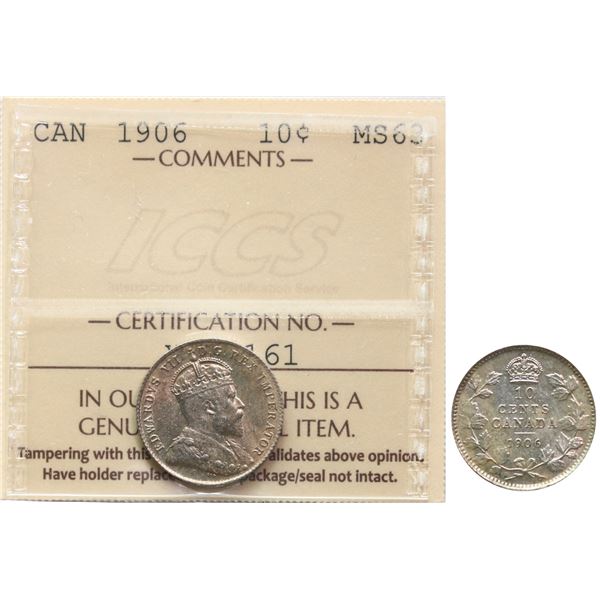 1906 10¢ ICCS Choice Mint State-63 Attractive gold and russet tones over full underlying lustre