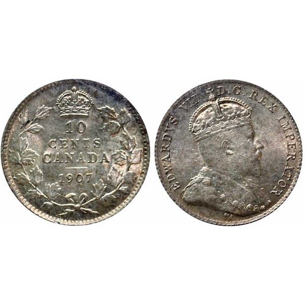 1907 10¢ ICCS Gem Mint State-65 Brilliant and lustrous with a hint of gold and russet tones.