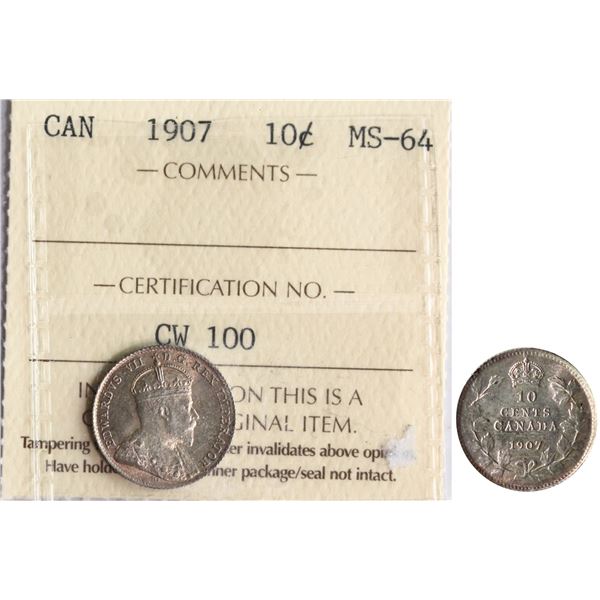 1907 10¢  ICCS Very Choice Mint State-64 Briiliant and lustrous with light and attractive golden ton