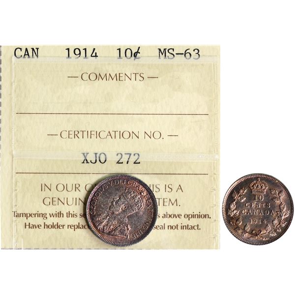 1914 10¢  ICCS Choice Mint State-63 Light russet tone over full underlying lustre.