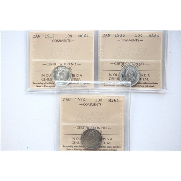 1916 10¢, 1917, 1936, All 3 coins ICCS Very Choice Mint State-64.