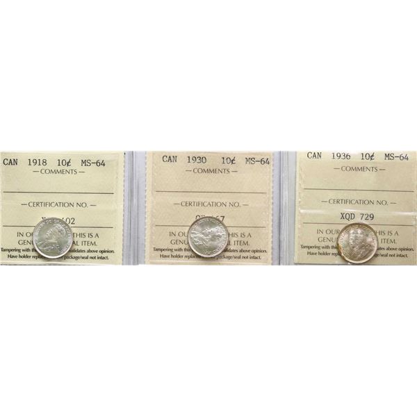 1918 10¢ , 1930, 1936 All 3 coins ICCS Very Choice Mint State-64.