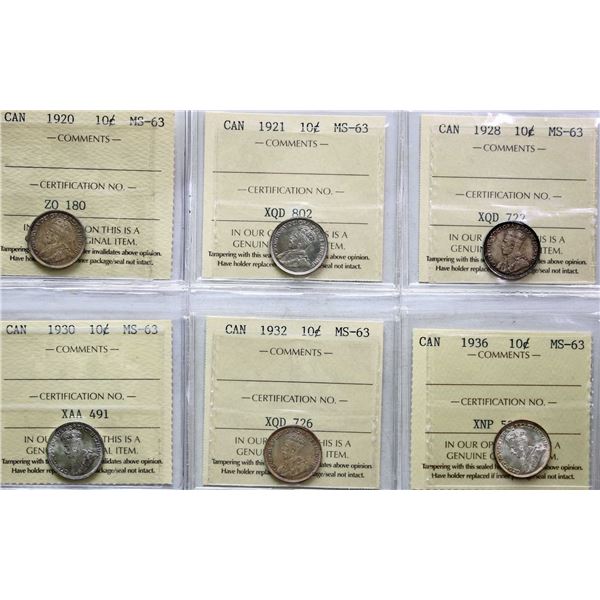 1920 10¢ , 1921, 1928, 1930, 1932, 1936, 1941, 1945 All 8 coins ICCS Choice Mint State-63