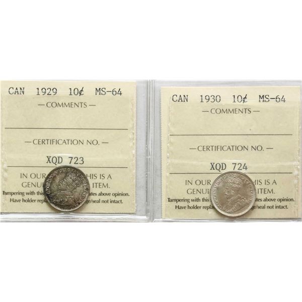 1929 10¢, 1930 Both coins ICCS Very Choice Mint State-64.