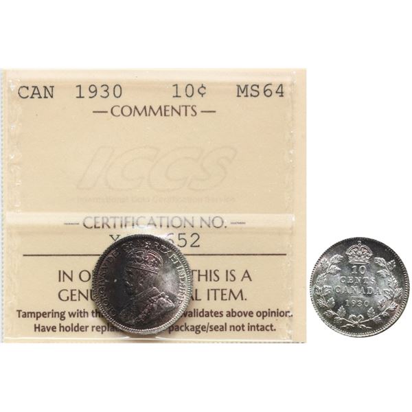 1930 10¢ ICCS Very Choice Mint State-64 intense toning over full underlying lustre