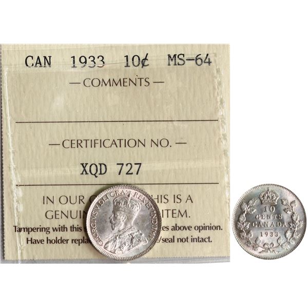 1933 10¢  ICCS Very Choice Mint State-64 Brilliant and lustrous.  Scarce date.